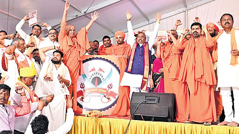 Former DCM K S Eshwarappa and seers during the launch of Krantiveera Brigade in Basavana Bagewadi, Vijayapura district 