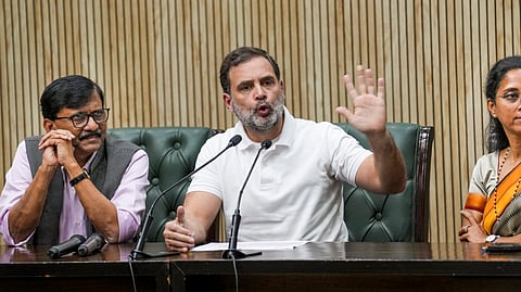  LoP in the Lok Sabha and Congress leader Rahul Gandhi with Shiv Sena (UBT) MP Sanjay Raut and NCP (SP) MP Supriya Sule addresses a press conference, in New Delhi.
