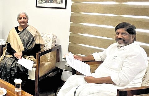 Deputy CM Mallu Bhatti Vikramarka submits a representation to Union Finance Minister Nirmala Sitharaman in New Delhi Saturday