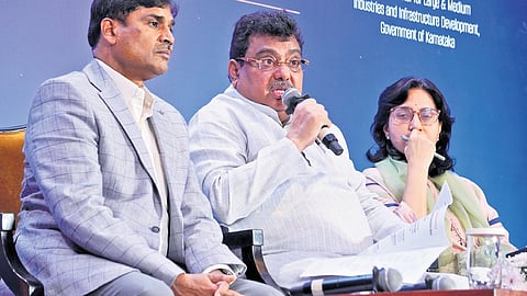 Industries Minister MB Patil speaks to the media ahead of the Global Investors Meet, in Bengaluru on Saturday 