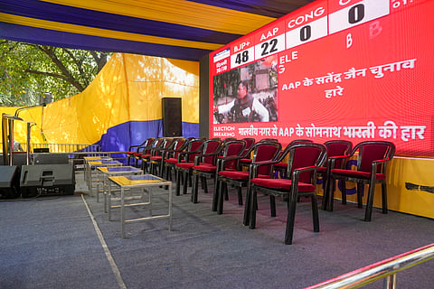 View of Aam Aadmi Party (AAP) office amid the counting of votes for the Delhi Assembly polls, in New Delhi, Saturday, Feb. 8,