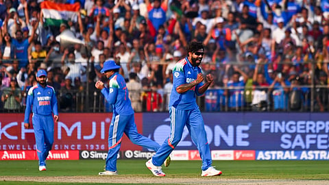 avindra Jadeja celebrate a wicket caught by Subhman Gill of J Overton during 2nd ODI match between India vs England at Barabati Stadium in Cuttack on Saturday. Express / 