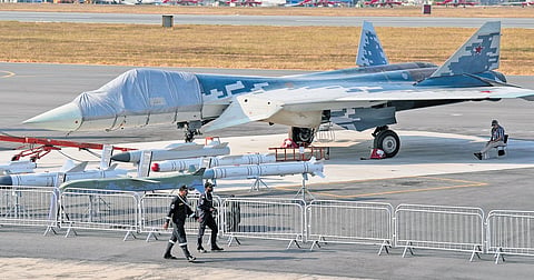 Sukhoi Su-57 aircraft on display at Yelahanka Air Force Station in Bengaluru.