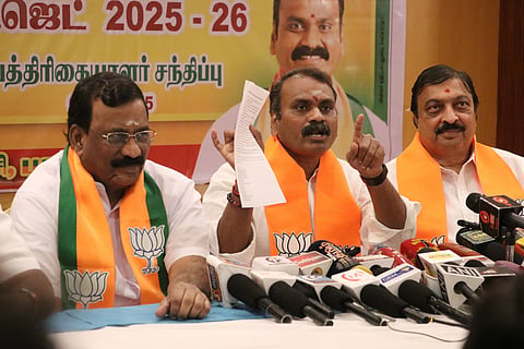 Union Minister Dr L Murugan at a press conference on Union Budget 2025 in Puducherry on Sunday