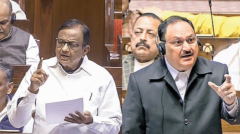 Congress leader P Chidambaram, (L),  Leader of House JP Nadda (R) in Rajya Sabha.