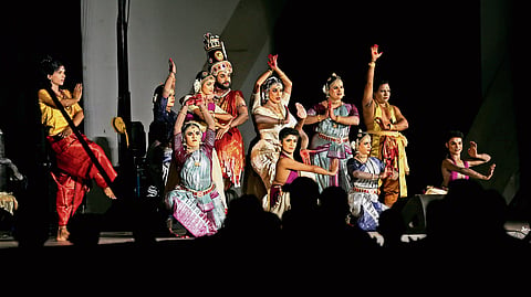 A still from the classical dance drama ‘Gouri Thirumanam’ performed at Durbar Hall Ground in Kochi. The scene features seven transwomen alongside other artists