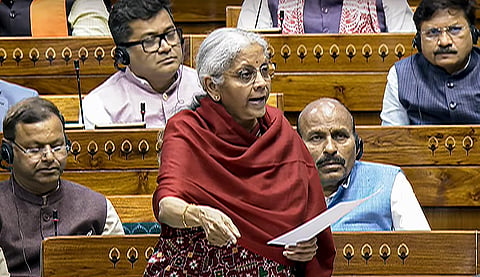 Union Finance Minister Nirmala Sitharaman speaks in the Lok Sabha during the Budget session of Parliament, in New Delhi, Tuesday.
