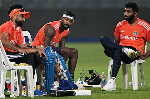 Mohammed Shami (L), Hardik Pandya and Jasprit Bumrah (R) 