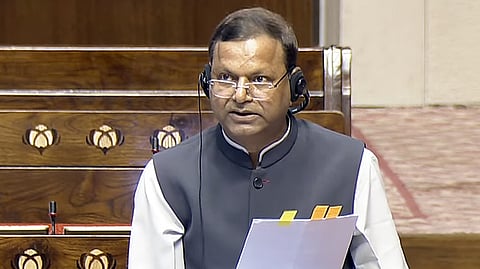 Union Minister of State for Finance Pankaj Chaudhary speaks in Rajya Sabha during the Budget Session of the Parliament, in New Delhi on Tuesday.