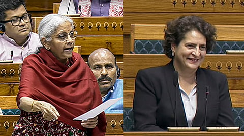Finance Minister Nirmala Sitaraman, Congress MP Priyanka Gandhi in the Lok Sabha during the Budget session of Parliament.