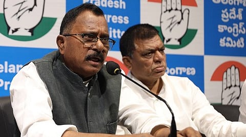 Lok Sabha MP Mallu Ravi addressing the media at Gandhi Bhavan in Hyderabad. 