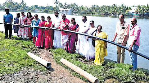 Maradu municipality chairperson Antony Ashanparambil and councillors after inaugurating the work to lay a new pipeline to Valanthakad 