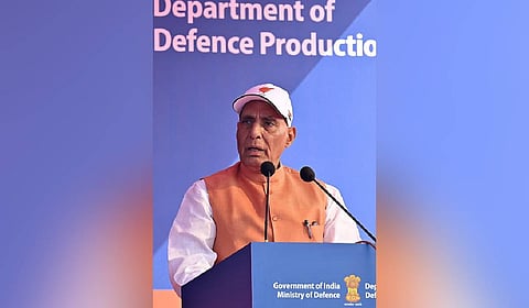 Defence Minister Rajnath Singh  during the inaugural day of Aero India 2025, at Yelahanka Air Force Station in Bengaluru.