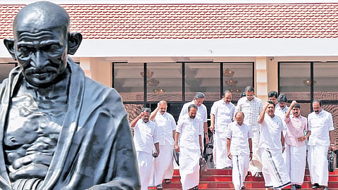 Opposition MLAs, led by Leader of Opposition V D Satheesan, walk out of the House after boycotting the assembly session on Thursday 