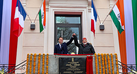 Prime Minister Narendra Modi and French President Emmanuel Macron during the inauguration of the Indian Consulate, in Marseille, France, Wednesday, Feb. 12, 2025. 