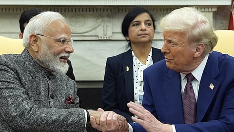 US President Donald Trump shakes hands with India's Prime Minister Narendra Modi in the Oval Office of the White House, Thursday, Feb 13, 2025.
