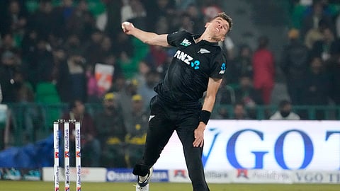 New Zealand's Ben Sears bowls during the tri-series ODI cricket match between Pakistan and New Zealand at Gaddafi Stadium in Lahore, Pakistan, Saturday, Feb. 8, 2025. 