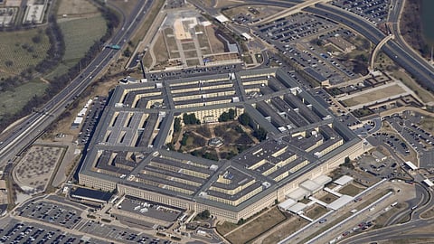 The Pentagon is seen from Air Force One as it flies over Washington, March 2, 2022.