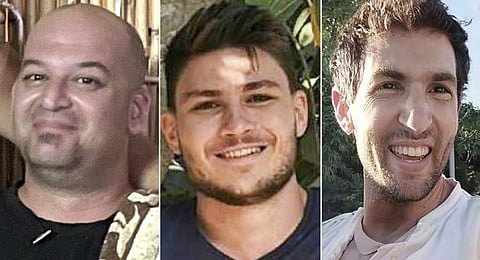 This combination of images provided by Hostages Family Forum shows Iair Horn, Alexander (Sasha) Troufanov and Sagui Dekel Chen, who all were abducted and brought to Gaza on Oct. 7, 2023. 