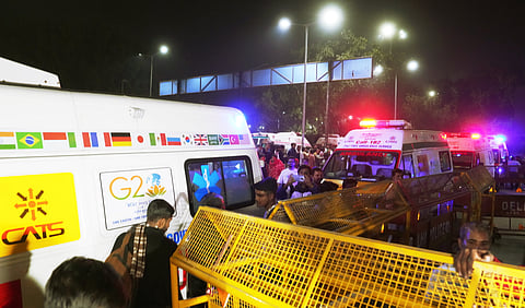 Ambulances outside the New Delhi railway station after a stampede occurred, Saturday night, Feb. 15, 2025. At least 18 people were killed and more than a dozen injured in the stampede that took place at the crowded railway station. 