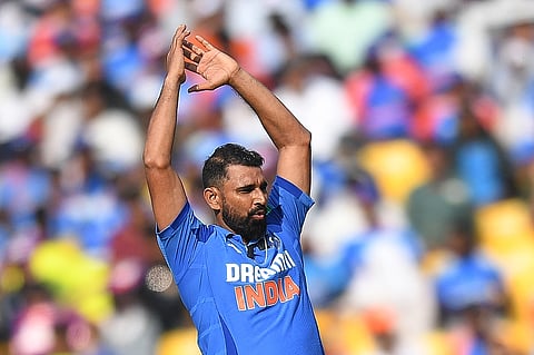 India's Mohammed Shami reacts after a delivery during the first one-day international (ODI) cricket match between India and England at the Vidarbha Cricket Association Stadium in Nagpur on February 6, 2025. 