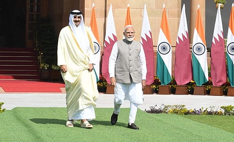 Amir of the State of Qatar Sheikh Tamim Bin Hamad Al-Thani with 
Prime Minister Narendra Modi and President Draupadi Murmur prior to a delegation levels talk at Hyderabad house  in New Delhi.