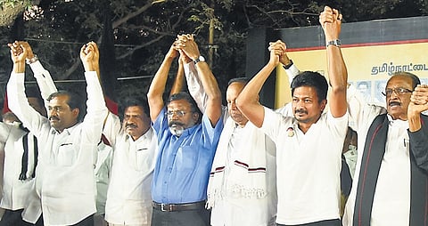 Leaders of DMK and alliance parties at the protest against the union government held in Chennai on Tuesday