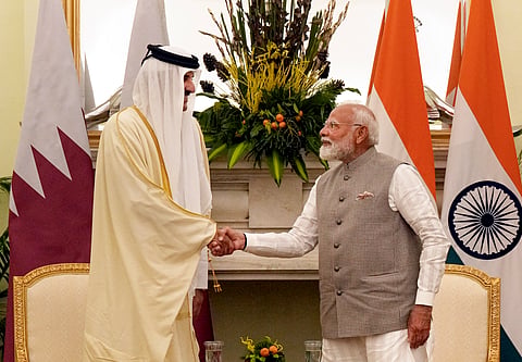 Prime Minister Narendra Modi and Amir of Qatar Sheikh Tamim Bin Hamad Al Thani during a meeting, at the Hyderabad House in New Delhi.