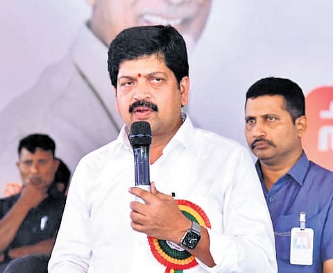 Excise Minister Kollu Ravindra speaking at the launch of Navodayam 2.0 prog 
in Ongole on Wednesday 