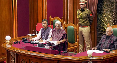 Uttar Pradesh Governor Anandiben Patel speaking in the state Assembly in Lucknow. 