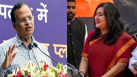 AAP leader Satyendra Jain (L),  BJP MP Bansuri Swaraj