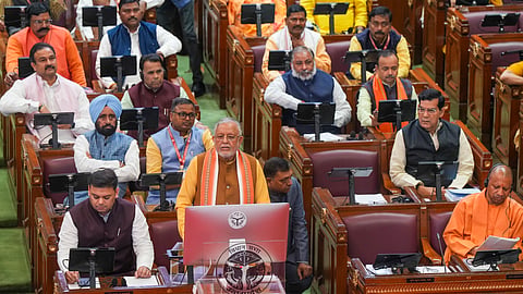 Uttar Pradesh Finance Minister Suresh Kumar Khanna presents the State Budget 2025-26 in the Assembly, in Lucknow, Thursday, Feb. 20, 2025. 