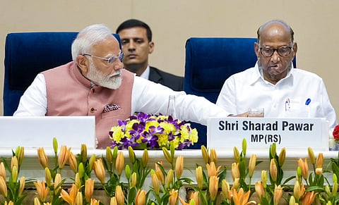 Prime Minister Narendra Modi with Nationalist Congress Party (NCP-SP) chief Sharad Pawar during the inauguration of the 98th Akhil Bharatiya Marathi Sahitya Sammelan in New Delhi (Photo | PTI)