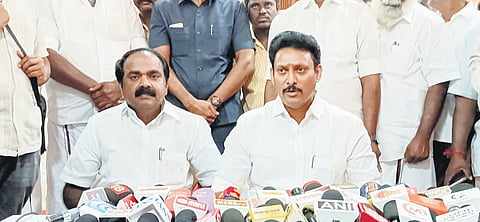 School Education Minister Anbil Mahesh Poyyamozhi addressing media persons in Tiruchy on Friday 