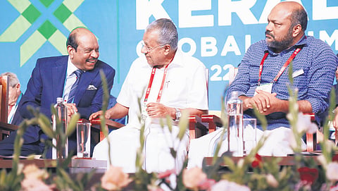 Chief Minister Pinarayi Vijayan, Industries Minister P Rajeeve and LuLu Group CMD Yusuffali M A at the inaugural function of Invest Kerala Global Summit 2025 in Kochi on Friday.