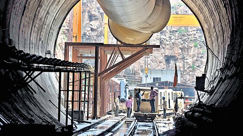 A section of the Srisailam Left Bank Canal (SLBC) tunnel roof collapse around 14 kilometres from Domalapenta in Nagarkurnool 