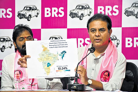 BRS working president KT Rama Rao addresses the media in Hyderabad on Saturday 