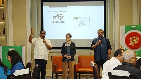Vir Sanghvi, host, chef Ajay Chopra and Dr Ana San Gabriel, Ajinomoto Co.Inc at the event.