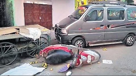 Saraswathi was run over by a van (in pic) outside her house in Kancheepuram on Sunday 