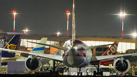 American Airlines flight AA292 en route from New York to New Delhi that turned around over the Caspian Sea Sunday, Feb. 23, 2025, sits on the tarmac of Rome's Leonardo da Vinci International airport. 