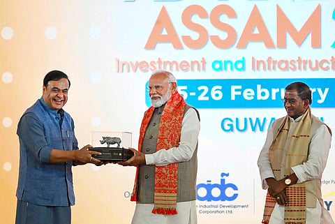 Prime Minister Narendra Modi with Assam Governor Lakshman Prasad Acharya and Chief Minister Himanta Biswa Sarma during the Advantage Assam 2.0 Investment & Infrastructure Summit 2025, in Guwahati. 