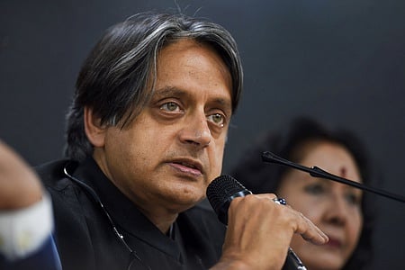  Congress leader Shashi Tharoor addresses a press conference at AICC headquarters in New Delhi, Sunday, Aug 4, 2019. 
