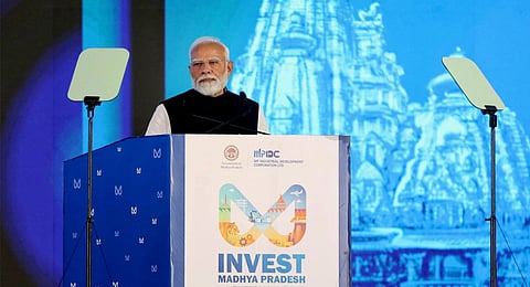 Prime Minister Narendra Modi addresses the Global Investors Summit 2025, in Bhopal, Madhya Pradesh, Monday, Feb. 24, 2025. 