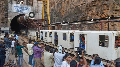  Rescue operation underway to extricate eight persons who have remained trapped for over 30 hours inside a tunnel after a section of it collapsed in the SLBC project, in Nagarkurnool district, Telangana.