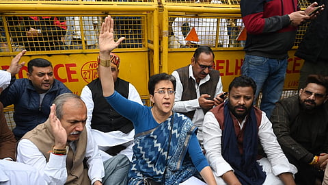 Delhi Assembly LoP and AAP leader Atishi outside the Assembly premises; she alleges that Police are not letting AAP MLAs into Assembly premises on the order of the Speaker in New Delhi on Thursday. 