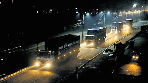Reinforced container trucks transport hazardous waste collected from the Union Carbide factory in Bhopal to Pithampur Industrial Area on Jan. 1, 2025.