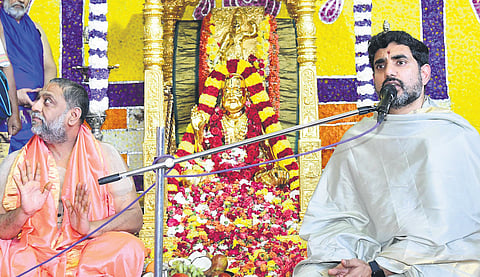 Minister for IT Nara Lokesh participated in Sri Raghavendra Swamys Guru Vaibha Utsavams and offered prayers at the temple. 