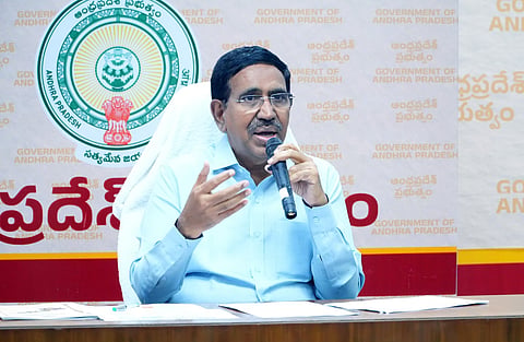  MA&UD minister P Narayana addressing the media on Friday. 