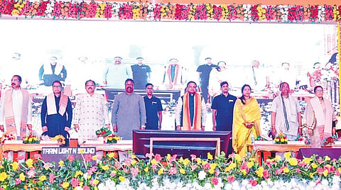 CM Mohan Charan Majhi and others at the ‘Vikas Pathe Mayurbhanj’ programme in Kaptipada’s Patpur village on Saturday.