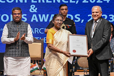  In the image provided by RB, President Droupadi Murmu attends the inauguration of the two-day Visitors Conference 2024-25 at Rashtrapati Bhavan, in New Delhi, Monday, March 3, 2025. Union Minister Dharmendra Pradhan is also seen. 